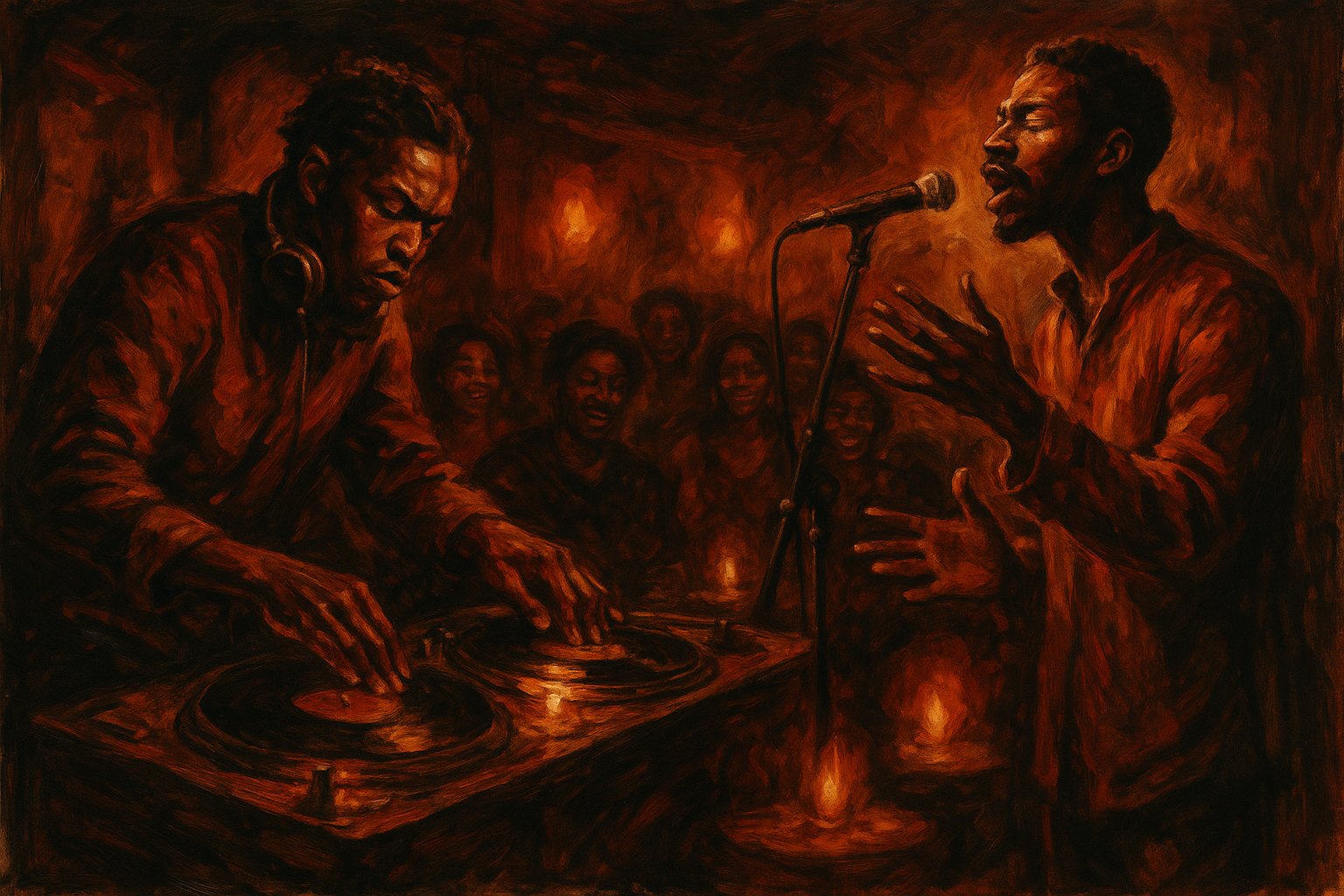 A DJ at the turntables and a poet at the mic performing at Shebelle after dark